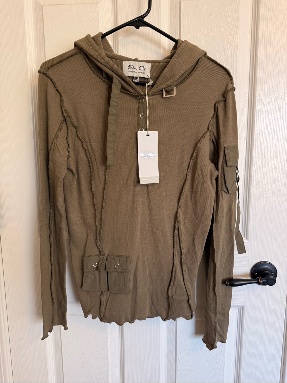 Miss Me Olive Green Utility Hoodie Top Medium Y2K Cargo Raw Seam NWT